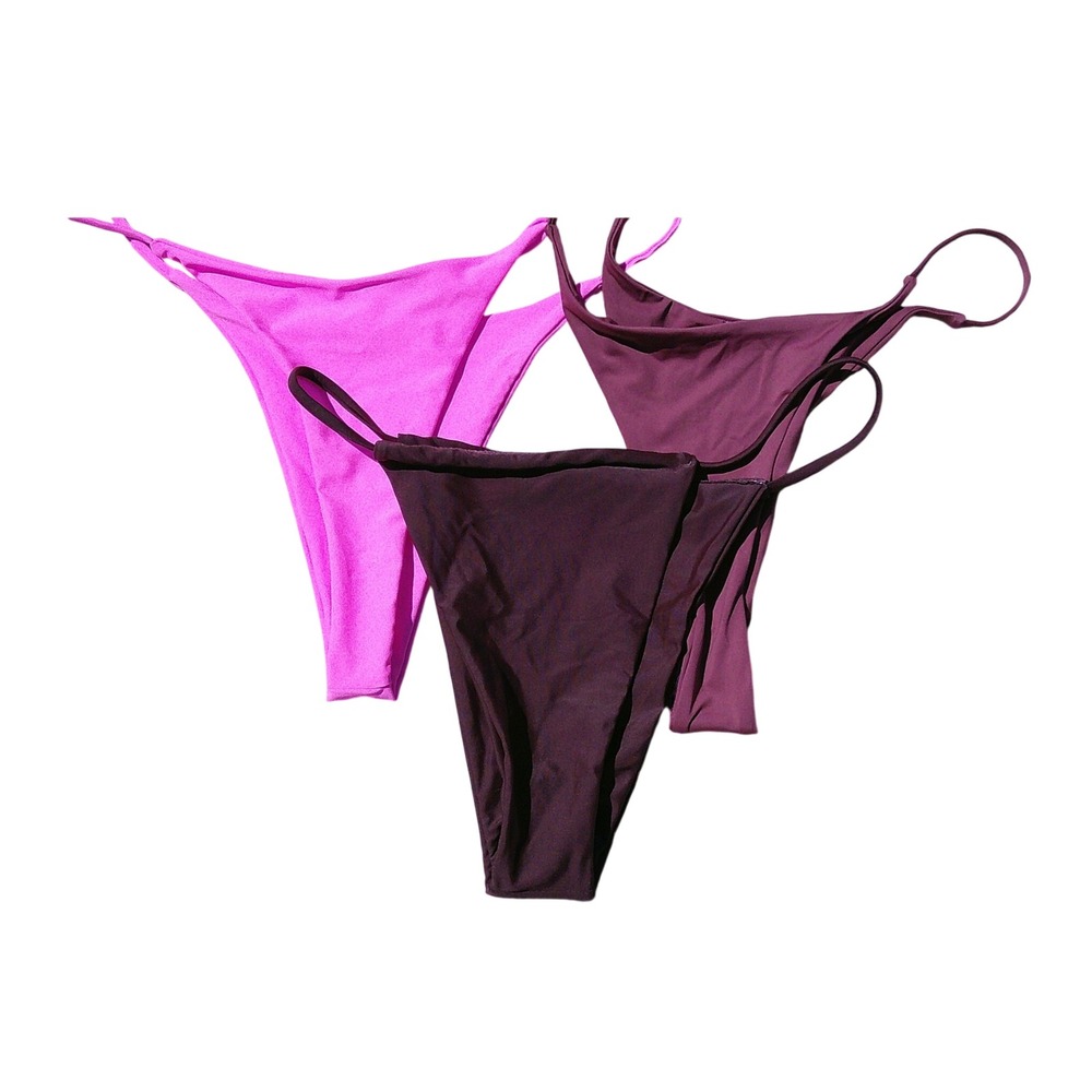 Matte Collection Bikini Bottoms Bundle High Leg Thong Pink Brown Plum Large 3pk